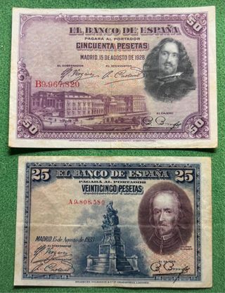 Banconote Spagna 25 e 50 Pesetas 1928