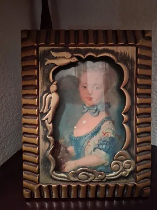 Cuadro antiguo niña con pájaro lámina con. Cristal