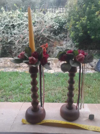 Pareja Candelabros Madera Antiguos