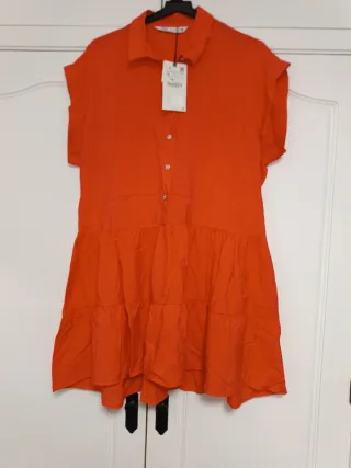 Vestido Zara Coral Manga Corta Talla S