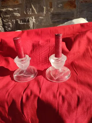 2 Candelabri in Vetro Rosa Fiore
