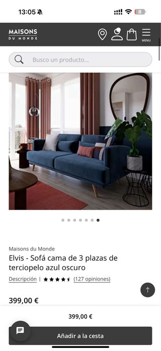 Sofá Cama Terciopelo Azul 3 Plazas