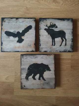 Confezione di 3 quadri animali in legno