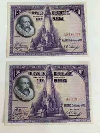 Coppia di Banconote da 100 Peseta 1928 Correlative