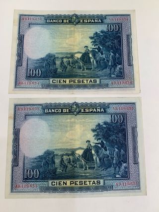 Coppia di Banconote da 100 Peseta 1928 Correlative