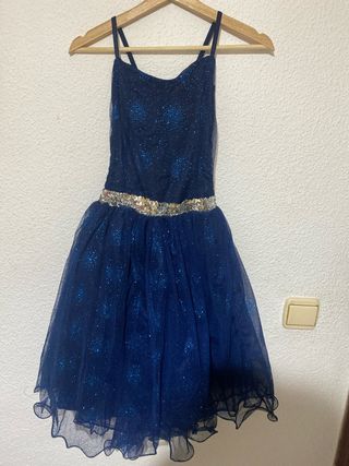 Vestido fiesta azul con detalles dorados