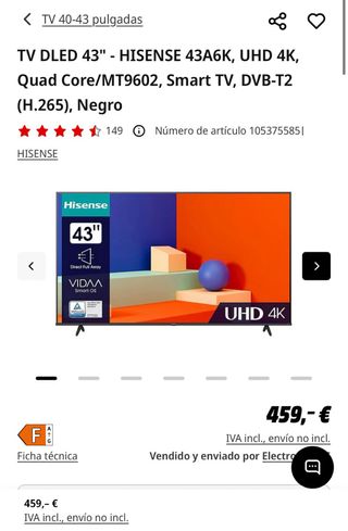 Televisión Smart Hisense 43A6K Negra