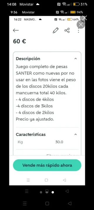 Juego Mancuernas SANTER Calidad, 20kilos cada una