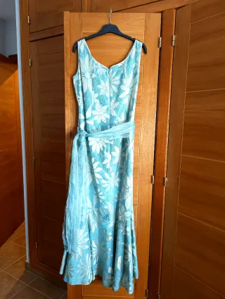 Vestido largo fiesta flores azul turquesa T46