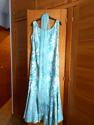 Vestido largo fiesta flores azul turquesa T46