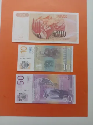 Banconote della Serbia 10, 50, 500 Dinari
