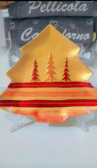 Piatto Natale Albero Oro Rosso Ceramica