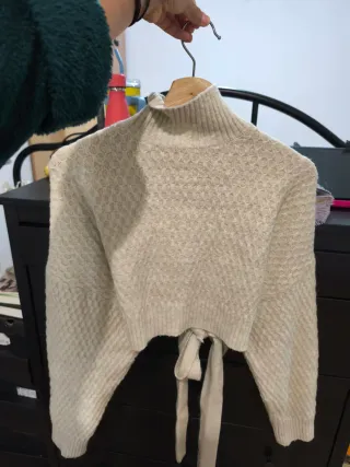 Jersey Zara Beige Cuello Alto Lazo Espalda