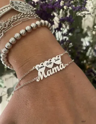 Pulsera Mamá 3 Corazones Plata