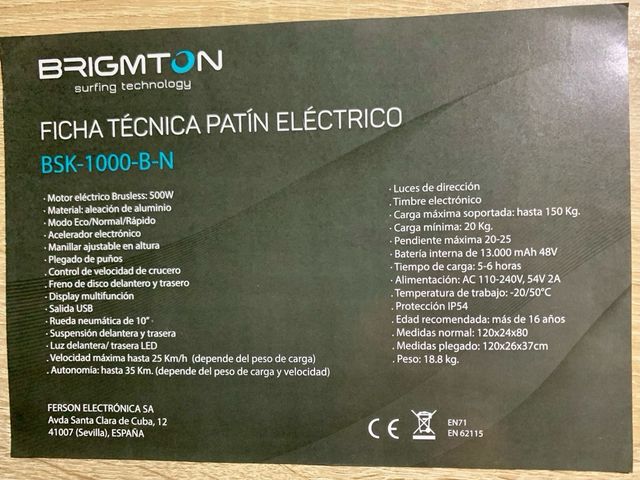 Patinete Eléctrico BRIGMTON 500W