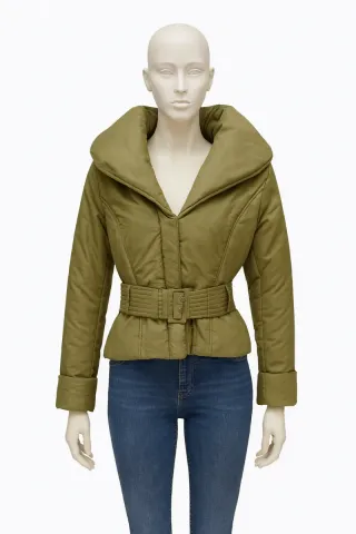 Piumino donna verde salvia con cintura