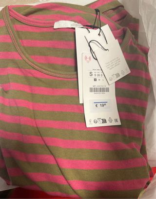 Camiseta Zara Rayas Rosa y Verde Talla M