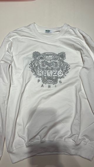 Sudadera Kenzo XL Blanca con Diseño Tigre Plateado
