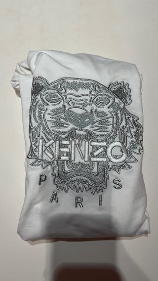 Sudadera Kenzo XL Blanca con Diseño Tigre Plateado