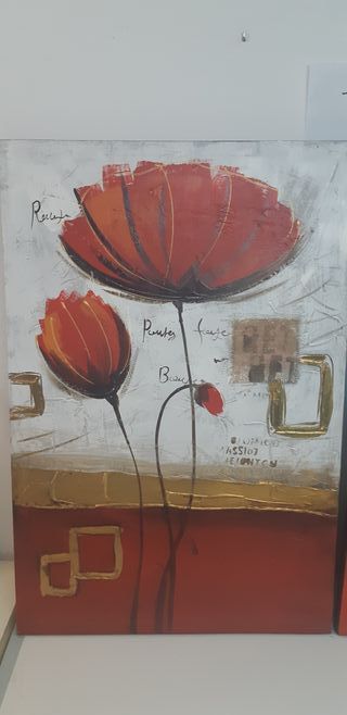 Set di 2 quadri con fiori rossi e dorati