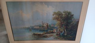 Oleografia paesaggio con castello e barca