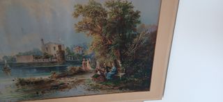 Oleografia paesaggio con castello e barca