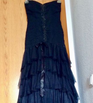 Vestido fiesta negro Bdba volantes/pedrería/a estr