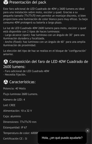 Faro LED Cuadrado 40W Moto/Quad