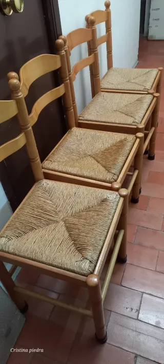 4 Sedie da Cucina in Legno e Rattan