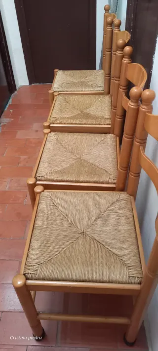 4 Sedie da Cucina in Legno e Rattan