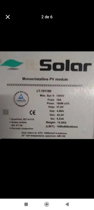 Placa Solar Monocristalina Solar LT-101180 Tengo 5