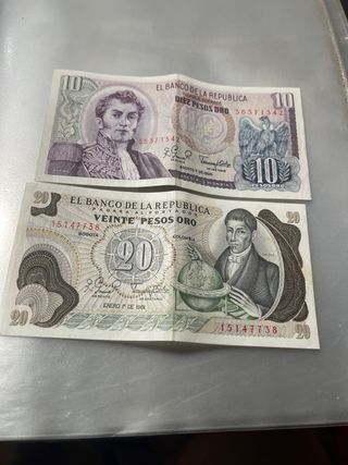 2 Banconote Colombia 10 e 20 Pesos Oro