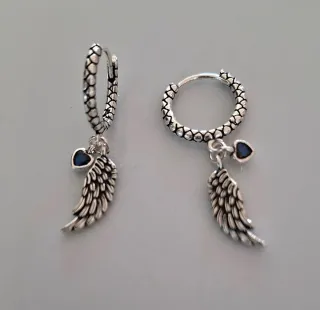 Pendientes Aro Plata Alas Corazón Azul