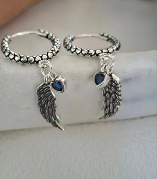 Pendientes Aro Plata Alas Corazón Azul