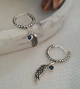 Pendientes Aro Plata Alas Corazón Azul