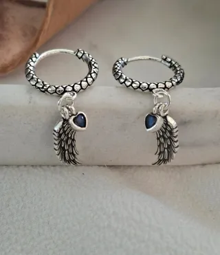 Pendientes Aro Plata Alas Corazón Azul