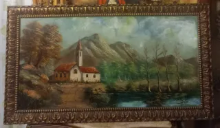 Quadro paesaggio con chiesa misure 100x67