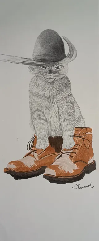 Dibujo gato con botas en técnicas mixtas