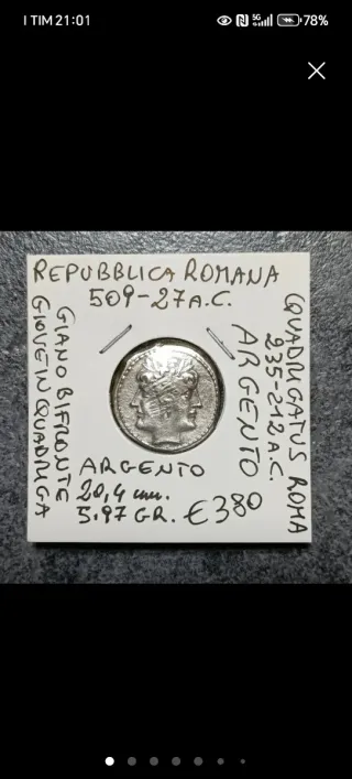 Moneta Romana. Quadrigatus Argento 235-212 a.C.