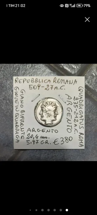 Moneta Romana. Quadrigatus Argento 235-212 a.C.