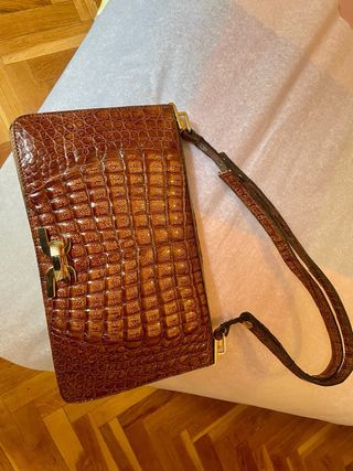 Bolso Piel Cocodrilo Auténtica Marrón Dorado