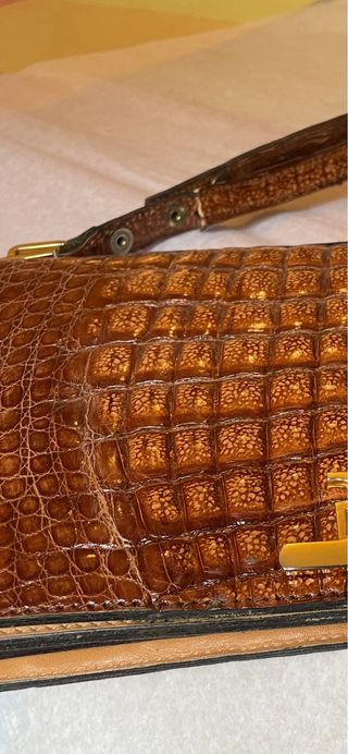 Bolso Piel Cocodrilo Auténtica Marrón Dorado