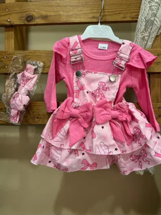 Conjunto Vestido Peto y Diadema Bebé Rosa
