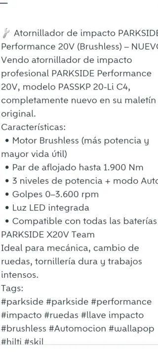 Atornillador Parkside Performance 20V nuevo presin