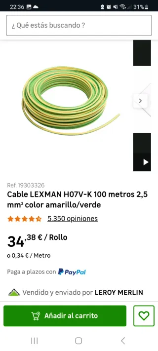 Cable Lexman H07V-K 100m 2,5mm² Amarillo/Verde