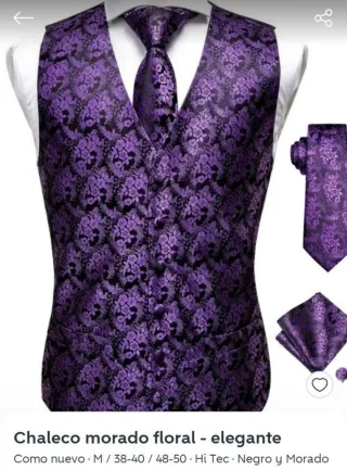 Chaleco Morado Floral con Corbata y Pañuelo