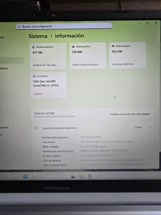 Portátil Asus Vivobook i5 12ª Gen 16GB RAM 512gb