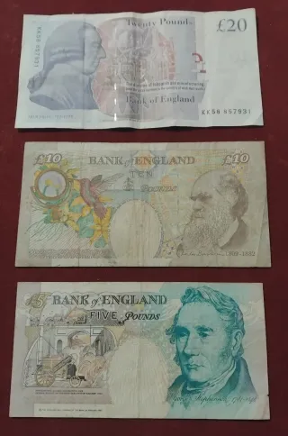 3 Banconote Regno Unito Elisabetta II (5, 10, 20 Sterline)