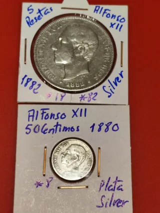2 Monedas Alfonso XII Plata Pesetas y Céntimos