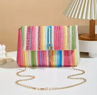Bolso de paja multicolor con cadena